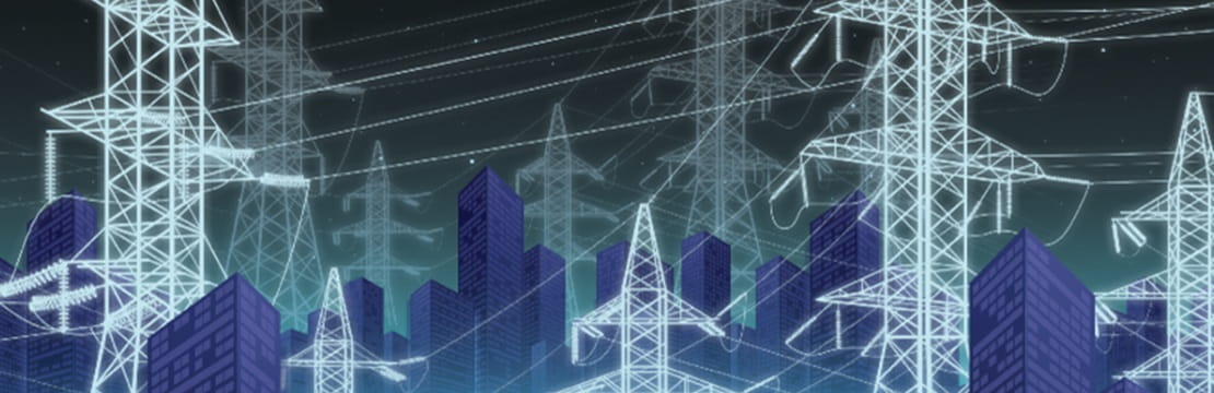 Digital image depicting power lines in light color in front of a blue city skycape